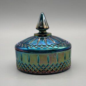 Vintage Indiana Glass Princess Candy Dish Blue Carnival Dish Lidded Vanity